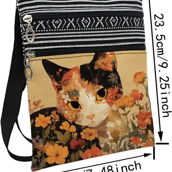 Floral Cat Crossbody Bag Small Ethnic Pattern Adjustable Strap Zipper Bag - Picture 2 of 7